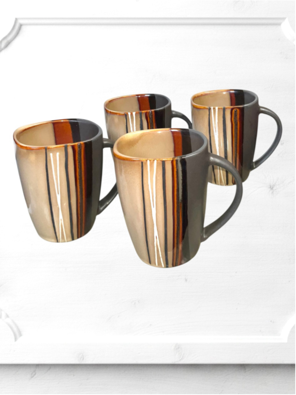 4 Better Homes & Gardens Tan/Multicolor Drip Glaze Coffee Mugs Square Top 16 Oz.